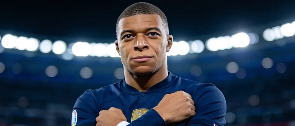 Kylian Mbappé 身穿法國深藍球衣的招牌抱臂冷靜慶祝姿態特寫,堅定眼神