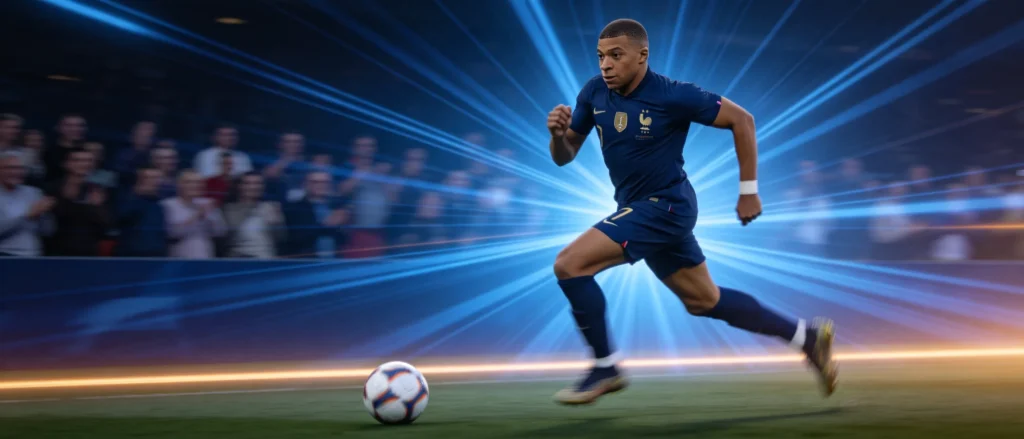 Kylian Mbappé 身穿法國深藍球衣高速衝刺帶球的瞬間,速度感模糊拖影、